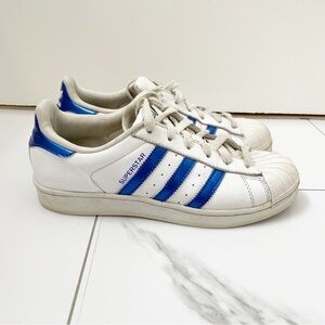 Adidas Superstar Blue Metallic Stripe Lace Up Sneakers Shoes